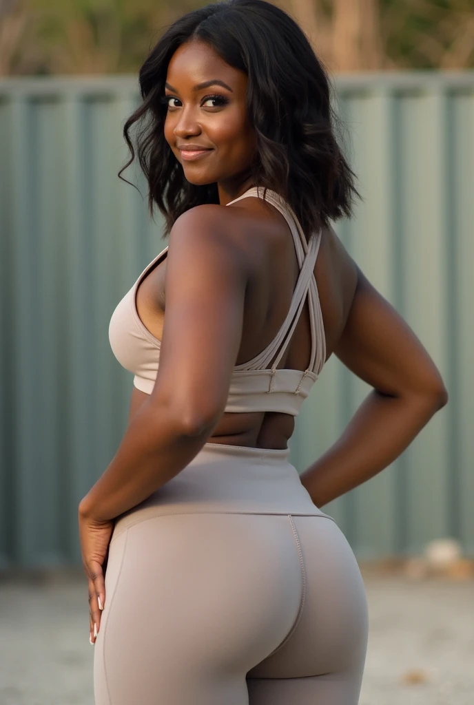 a 25yo ebony girl in brown tight yoga pants and a pink tank top stands backwards in front of the camera, thick thigs, tight attire, thicc, toned derriere, shapely toned derriere, skinny waist and thick hips, big booty, shapely derriere, tight fit, tight outfit, curvy accentuated booty, fit curvy physique, wide hips, bubble booty, bubble ass, tonified body, tonified juicy ass, ebony, ebony solo girl, 1 girl, slim thick, standing backwards, photo of a girl standing with her back facing the camera, hdr, masterpiece, sunlight, very high detailed,