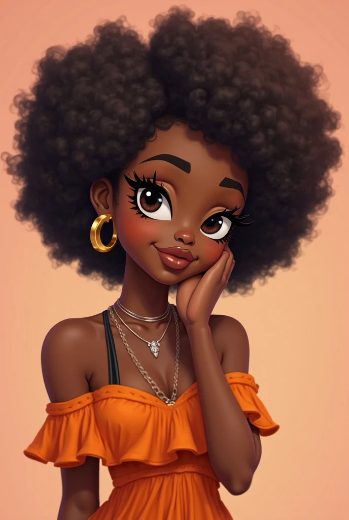 realistic cute black girl with frizzy hair and big breasts and a yellow dress