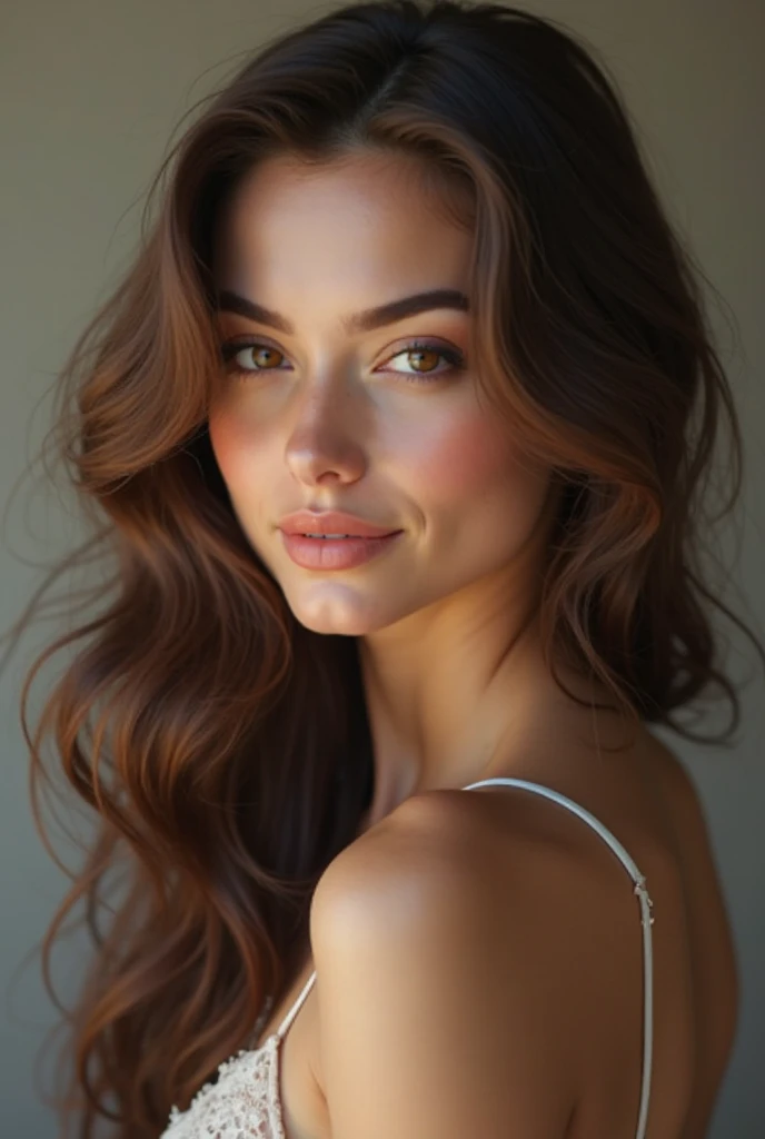 Create a picture of a sexy and seductive brunette in her mid-20s, you should see the whole face!