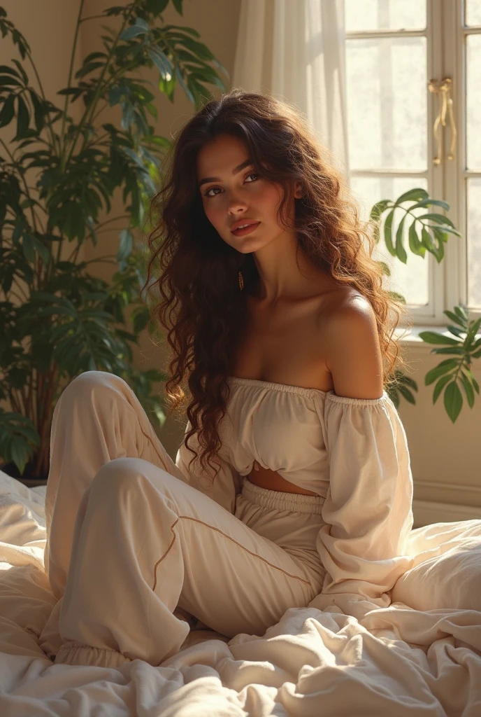 (photorealism:1.2), beautiful woman, sitting on bed, wearing loose off-shoulder top, pajama pants, long curly hair, indoors, soft lighting, plants in background, window with sunlight, cozy room, relaxed pose, realistic, intricate details, warm colors, by Greg Rutkowski, by Alphonse Mucha