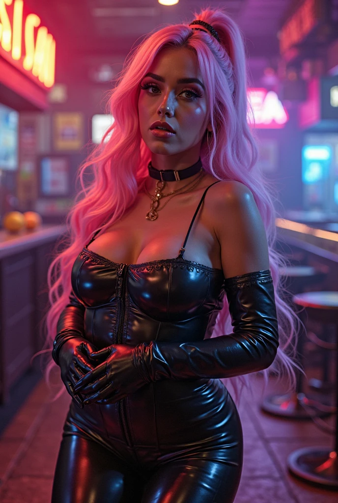 (((Masterpiece))),high resolution,realistic details,sharp focus, hyper-realistic photo of a bartender behind a bar serving you drinks, cyberpunk scene, cyberpunk vibe, New York city in the year of 2527. Super futuristic bar, sharp details, Sexy girl as a bartender,anatomically correct body, depth in vision, illuminated by vibrant neon lights and holograms. Capture the scene from a street-level perspective during a dark and rainy night. The atmosphere should convey a bustling yet ominous mood, highlighting the contrast between the dystopian environment and advanced technology.(Very detailed: 1.3),4k