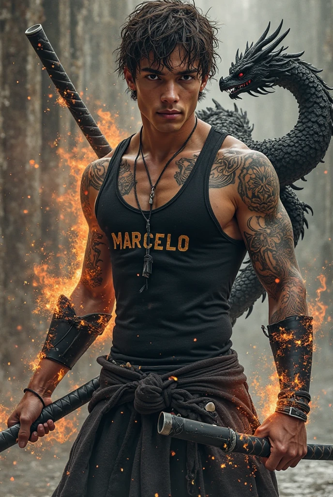 Handsome young man with both hands in his pants pocket, light brown with defined brown hair wearing a white American tank top with tattoos all over his body , with the name Marcelo on the chest , with a magical black legendary katana on his back , a black magic dragon at his rear , and a burst of water magic and flames around