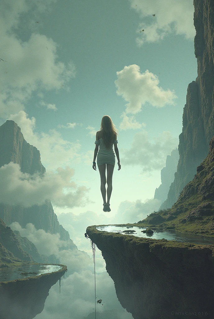 a very thin skinny girl flies over the city aura of magic. naked in heels thin thin legs. . naked in a cave in the dark. Darkness around. bright day morning