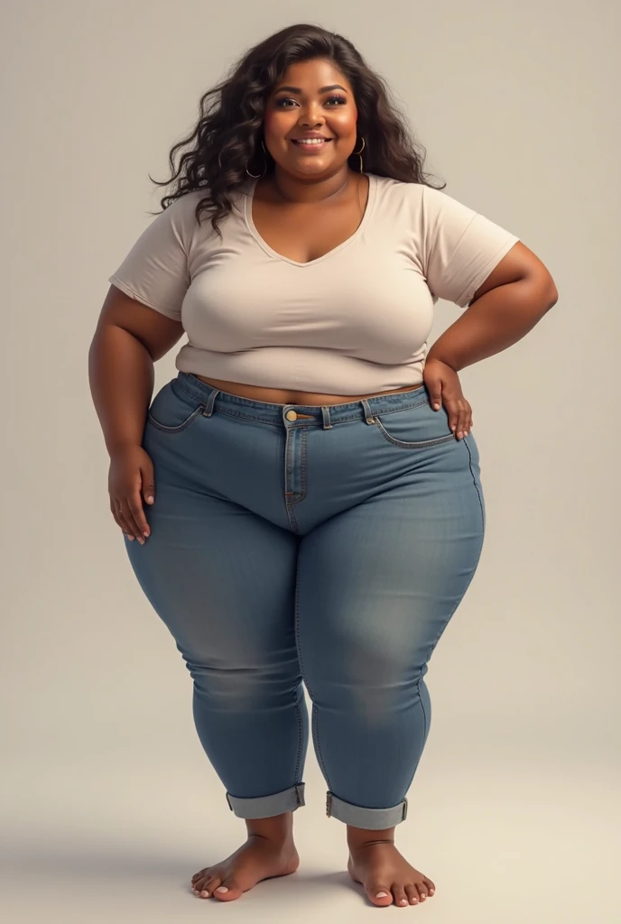 A tall fat Mexican with a tight small white shirt showing her belly skin she is wearing tight jeans and a belt. And she has boots.