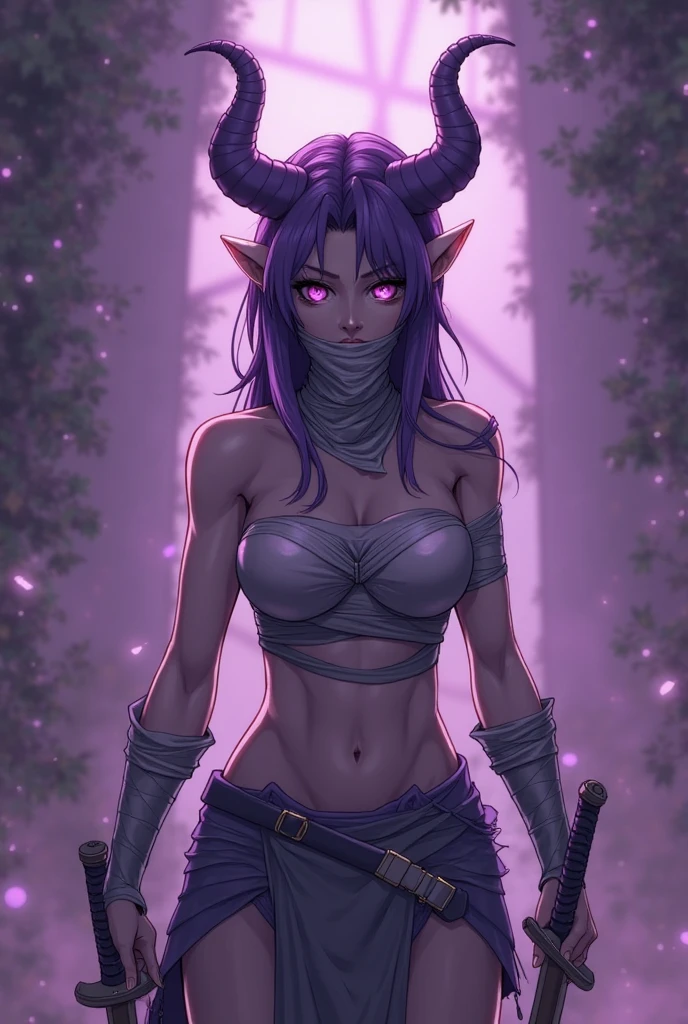 A cute woman is an evil elf (ivory skin, violet hair, violet eyes, extremely small sexy outfit, daggers in hand) she is in a  menacing sexy stance, dungeon