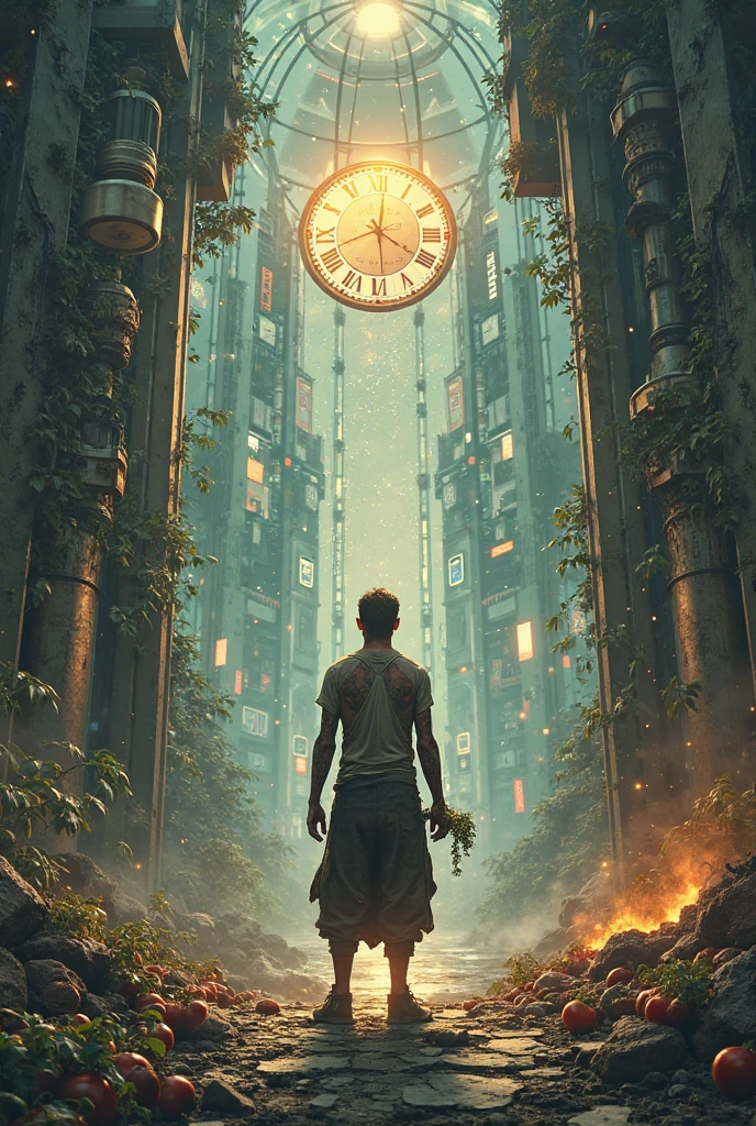 Protagonist with a clock in the background, a triangle symbol, and three universes: a forest, A Mansion and the modern city.
