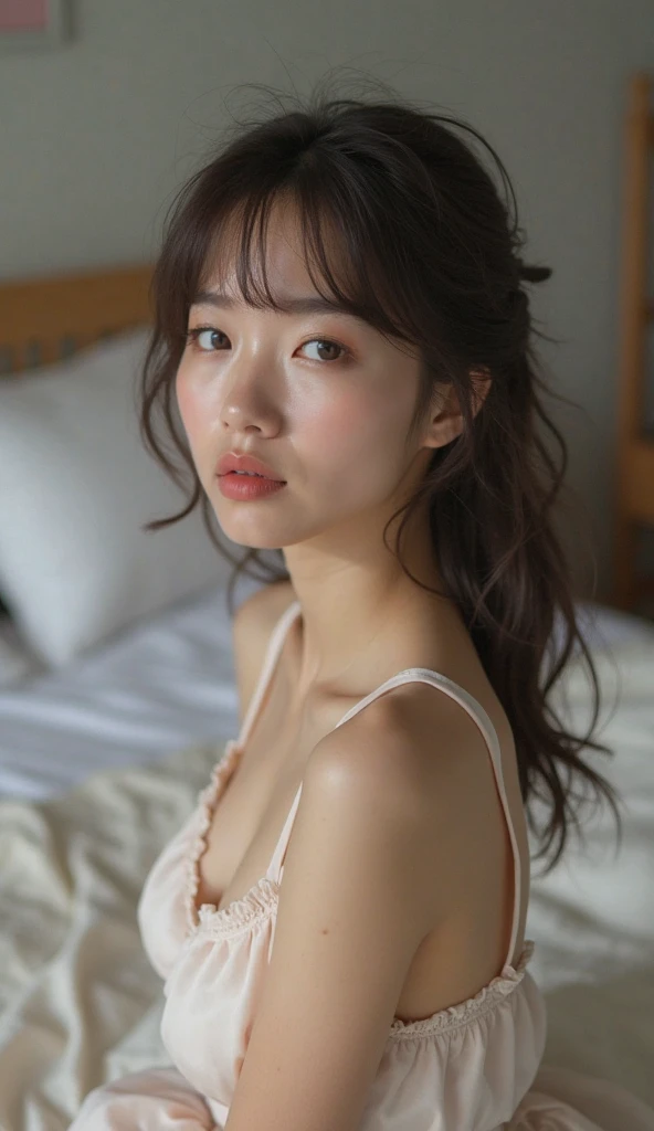 random pose, mix 4, (8K, Raw photo, highest quality, masterpiece: 1.45), (realistic, photorealistic: 1.37), one girl, cute,   professional lighting, photon mapping, Physically based rendering, gradient black hair,   girl, Silk nightgown so thin it&#39;s almost transparent, highest qualityの写真, High resolution, 1080p, (clean face), (Detailed facial description), (Detailed hand explanation), (masterpiece), (Detailed CG), extreme light and shadow, messy hair, master work, Rich details, (detailed facial features), (highest qualityの写真), (masterpiece),  thin clavicle, on the bed,From above、braided、((sitting on the bed:1.4))、off shoulder、round glasses、((close your eyes:1.4))、(open your mouth a little:1.3)