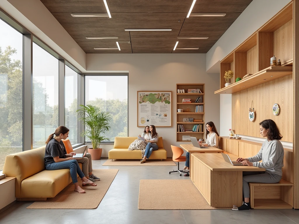 filled with natural light、Comfortable furniture and relaxing décor、Modern, well-designed office spaces that promote a healthy work-life balance。The office has an open floor plan、There are plants and a relaxing seating area.、Supporting cooperation and relaxation