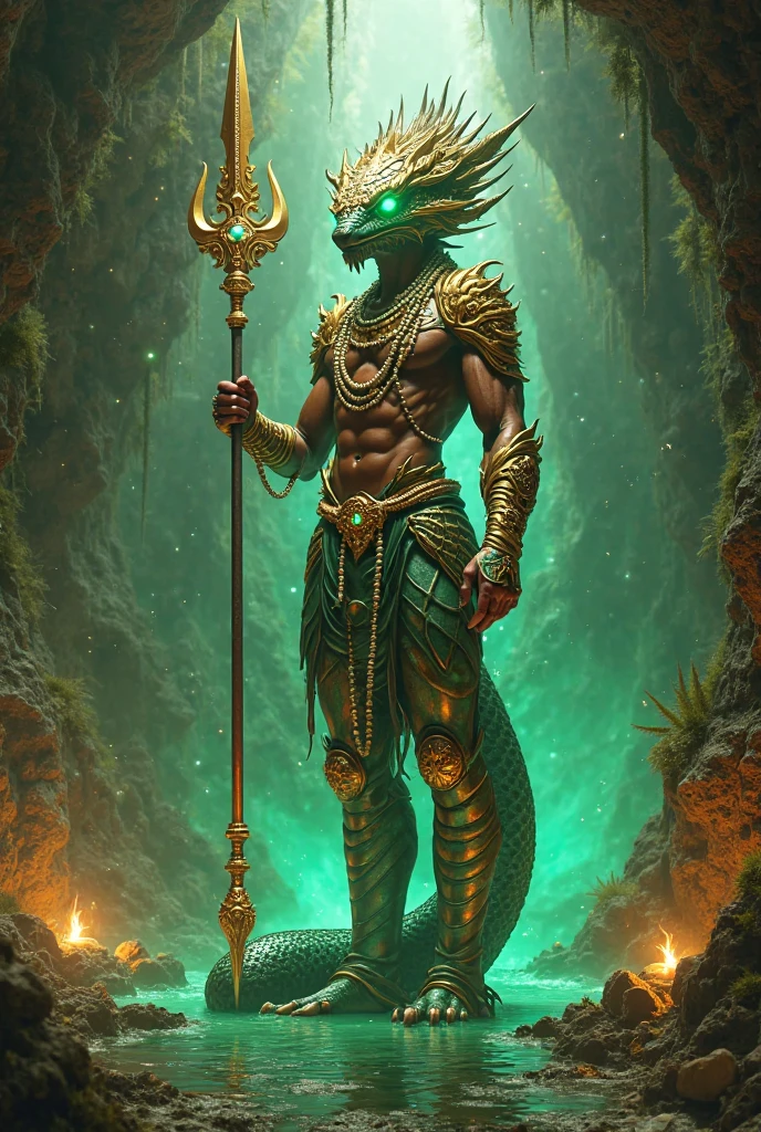 Image of Ra an egytian god fighting A serpent at night, Apep, coiled and ready to strike.