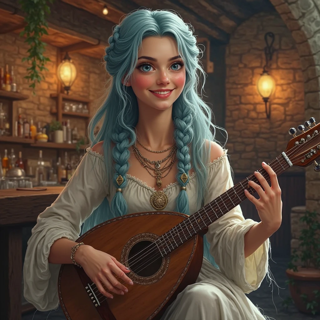 high details, best quality, 16k, [ultra detailed], masterpiece, best quality, (extremely detailed), full body, ultra wide shot, photorealistic, RAW, fantasy art, dnd art, fantasy art, realistic art,  an ultra wide, full body, a picture  of a human female  (intricate details, Masterpiece, best quality: 1.5) fantasy bard, fantasy enchanter,  playing a (guitar: 1.5)  and enchanting people in a tavern with magical song, colorful clothes, dynamic clothing, epic beautiful female human ((anatomically correct)) bard (intricate details, Masterpiece, best quality: 1.5), dynamic hair, tavern full of crowd, many people intricate details, Masterpiece, best quality: 1.3), bard playing guitar and enchanting audience (intricate details, Masterpiece, best quality: 1.5), candles light, fantasy chandelier, magical notes, magical runes in the air (intricate details, Masterpiece, best quality: 1.5),Cinematic Hollywood Film style, GlowingRunesAI_paleblue