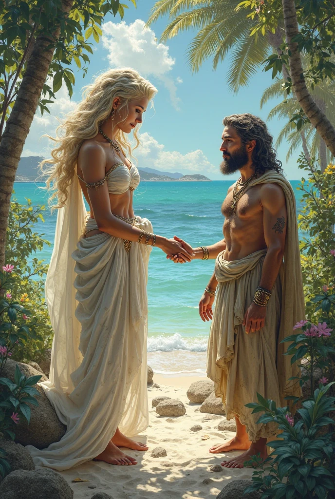 on the beach, 5 small full body, naked, naked woman lie on ground, small man riding white horse white looking back, white feather cloak, shield, bow, sword, female greek god, white hair, masculine, mature, naked, hairy torso, fantasy, intricate, elegant, highly detailed, digital painting, artstation, concept art, smooth, sharp focus, illustration, art by gaston bussiere and alphonse mucha, almost naked