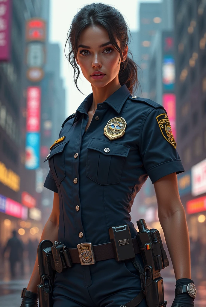 A beautiful female police officer is policing traffic, short hair, blue eyes,Conceptual art, best photo shot, glowing light, realistic, UHD, textured skin, masterpiece, anatomically correct, best quality, 8k, full body,