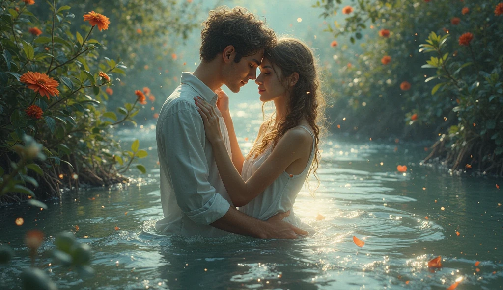 Zena Holloway style portrait photo of a (nude boy) (kiss) a (nude girl) at river bank surrounded by pretty flowers in summer morning BREAK professional portrait photo, dynamic pose, dynamic composition, dynamic lighting, realistic proportions, extreme detailed, intricate details, hdr, raytracing, 16k resolution, ultra realistic, ultra detailed, photorealistic, highly detailed atmosphere, highly detailed textures