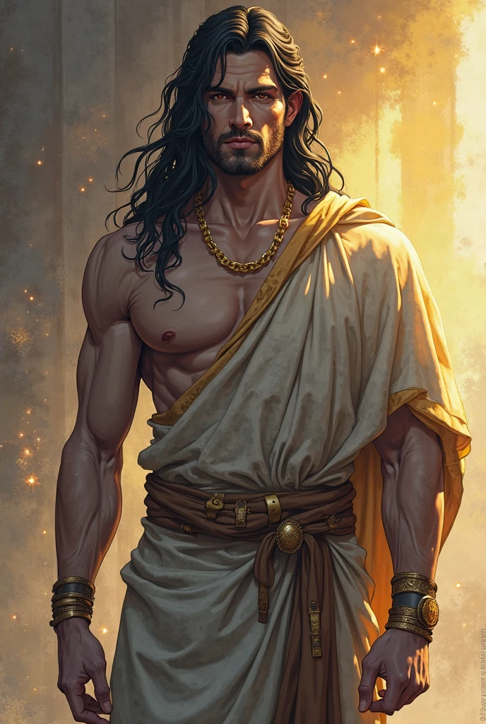 A noble- warlord+ with a refined beard, blonde, baroque, shirtless-, gold chains, (slave driver)++, hairy chest, barbaric+, regal, (sexy+ dominant pose)+, wild+, aggressive++, angry++, real life skin, intricate, elegant, detailed, artstation, evil, smooth, sharp focus, art by artgerm and greg rutkowski and alphonse mucha