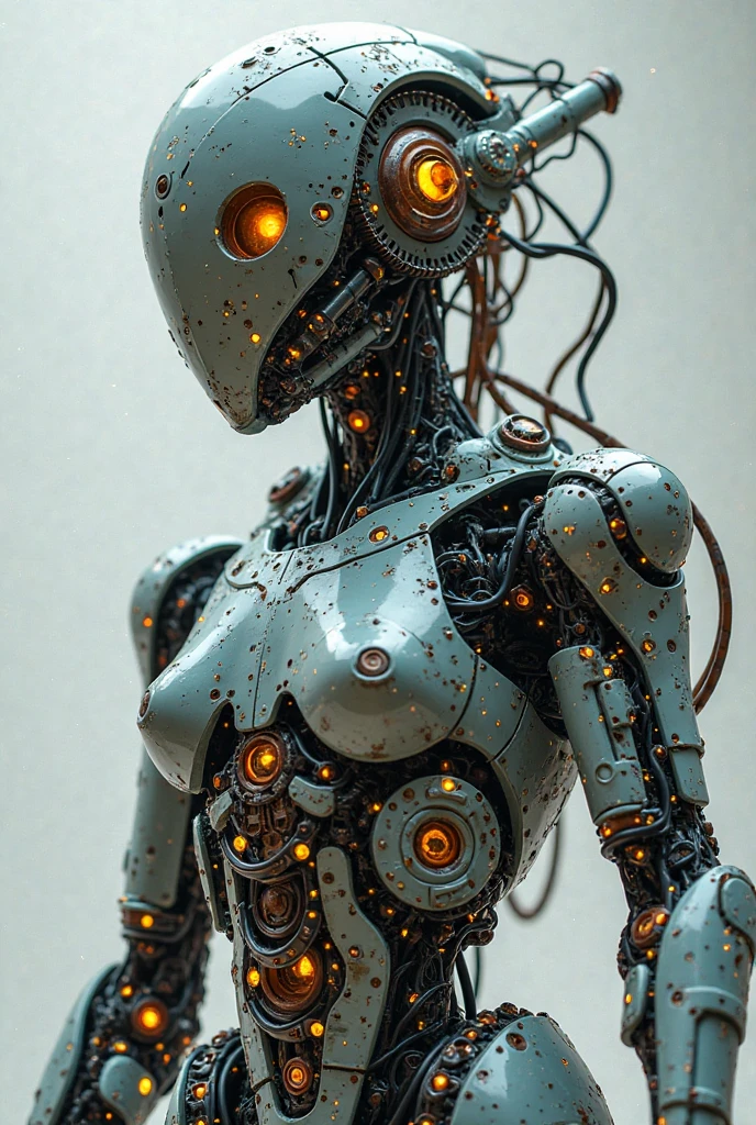 (((masterpiece)))、((top-quality))、(The ultra-detailliert)、、(Very noble and beautiful))、Cinematic Light、((1 Mechanical Girl))、Steampunk Body、Goldsmith、Sumerian details、Hydraulic cylinder、a purple eye、Colossal tits、The cleavage is visible、Nipples are hidden、(Mechanical joint:1.4)、((Mechanical limb))、(Blood vessels attached to tubes)、((Mechanical spine attached to the back))、((Mechanical cervical vertebrae attached to neck))、(Wires and cables attached to the head and body:1.5)、 Luminous tube、Glowing LED lamp、neon details、cowboy shot、