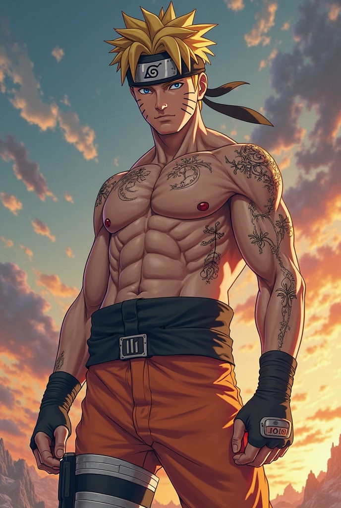 handsome moba character muai thai fighter with red hair and red tattoo tiger marks on his arm that cover his whole arm, a scar in the nose and the chest, tied back hair , making a fighting pose smiling, arms above head, charming character , young adult, white background , digital painting, game artwork splash art, full body view