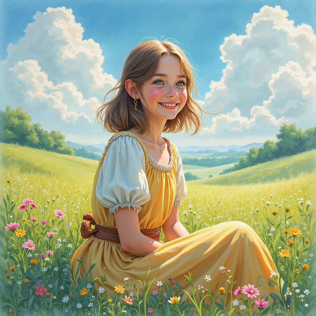 Illustration of a girl, 1 blonde child of "10 years", "happy" in an enchanted flower garden, wearing long dress of braco and blue color, blue sky of clouds, playing with butterflies, beautiful illustration, beautiful UHD 4k art, a beautiful art illustration, art in the style of guweiz, atey ghailan 8K, artgerm and atey ghailan, girl, 1 blonde child of "10 years", wearing long dress of white and blue color, happy in an enchanted flower jadim, playing with butterflies, (butterflies). (best quality, masterpiece), pose, particles, wind, flower, full body, enchanted garden background, looking at the butterflies. --auto