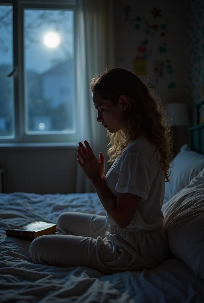 Portrait of a young girl of beautiful beautiful face perfect petit te she ippy, very beautiful Brazilian brunette, long black hair, praying closed eyes, in bed, (when humble, walls appearing the bricks, simple old house, old pillows, very blurred background, clear: 1.2)