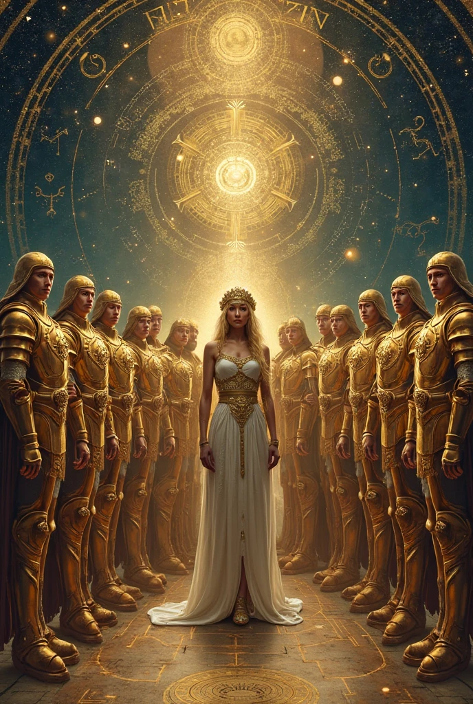 ultra realistic woman with GOLD priestess cape, facing a portal with a majestic lion and the goddess themis of justice, convey depth