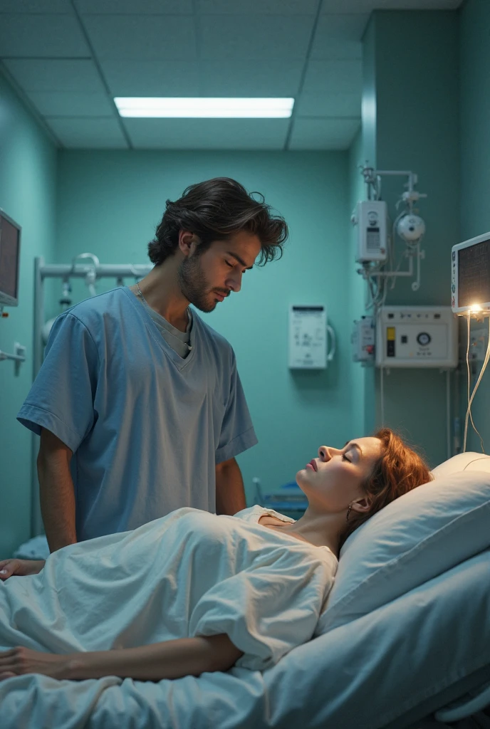 Subject Description: Ultra-realistic portrait of two brothers in a hospital room. Lucas, a man in his 30s, is sitting beside the bed, holding the hand of Gabriel, who is lying down. Gabriel, visibly pale and thin, has light brown hair and blue eyes, reflecting vulnerability. Lucas has dark brown hair and a worried expression.
Environment: The hospital room is lit by cold fluorescent lights. Medical machines and vital signs monitors surround the bed, beeping constantly. The smell of disinfectant is almost palpable, and the white sheets contrast with Gabriel's pallor.
Lighting: The lighting is cold and clinical, highlighting Gabriel's pallor and Lucas' worried expression. Subtle shadows accentuate the tense and urgent atmosphere.
Atmosphere: The image should convey a sense of urgency and fragility, with a touch of hope. The color palette should include whites, blues and grays, complementing the hospital environment.
Image Quality: The photo should be of high quality, with 8k rendering and extreme detail, capturing the emotional essence of the moment.