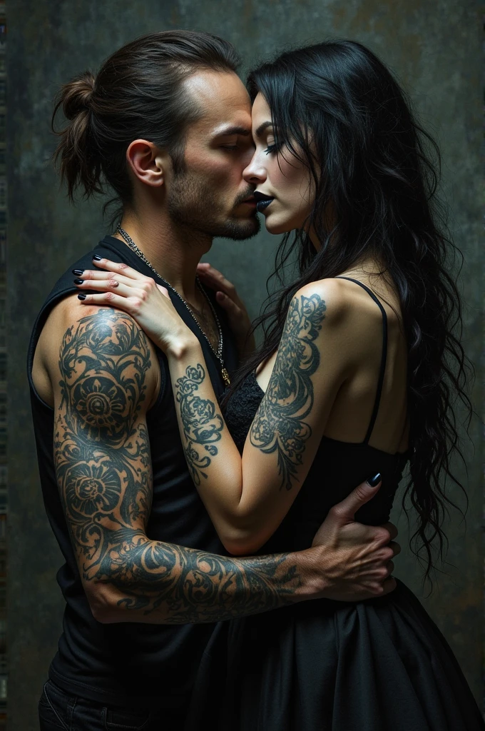 A tattooed white man with medium-long dark brown hair, more or less over his ears, with his back to a girl who also has her back to him, this girl is white, cabelo longo castanho claro e nenhuma tatuagem, he's taller than her