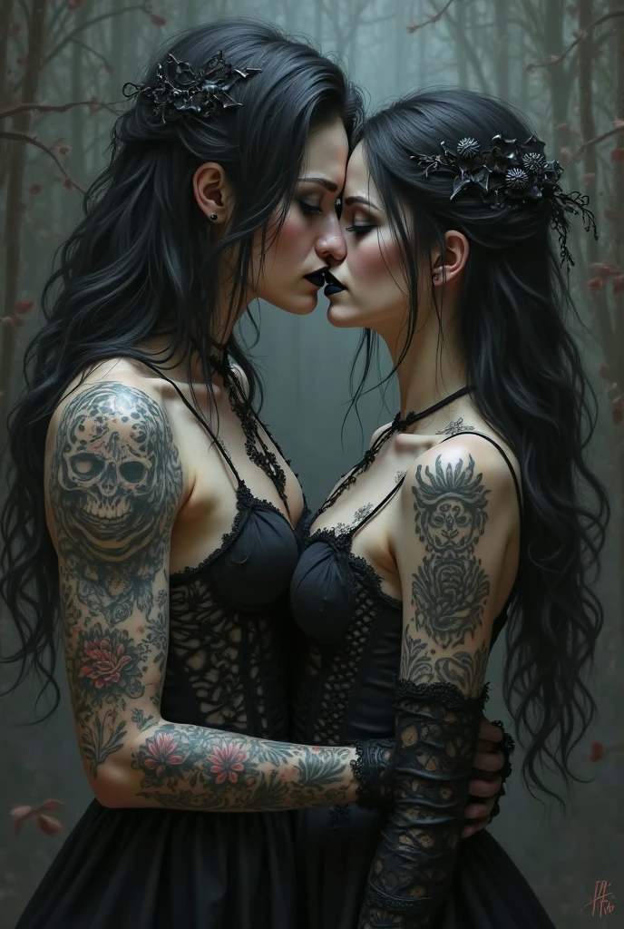 Lesbian、2 Japanese mature women、SM. Gorgeous Yakuza-like tattoos covering the entire body from the back to the thighs、Big Breasts、Plump、Black lace long gloves and long boots。In an old room。blur, tint, depth、nsfw