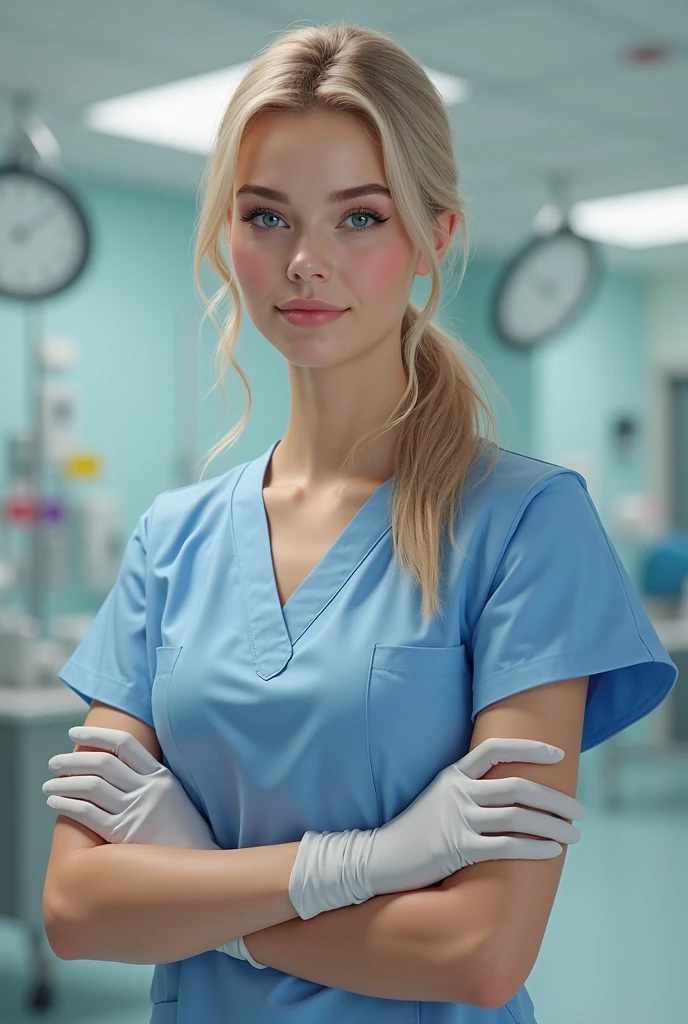 A Realistic Portrait of a teenager girl (Lady Oscar), 16 years old, as surgical nurse, Beautiful, detailed face, detailed eyes, (realistic skin:1.3), (pale skin:1.1), (textured skin:1.3), (()), big smile, (iphone photograph),), (artificial lighting:1.3), looking at the camera, perfect slim body, amateur Photography, Photorealistic, Detailed, analog, poor quality, grainy, standing in Operation room , , (perfect small breasts:1.1) 17 years old, standing in operation room, perfect body, pale skin, beautiful face, big smile, detailed face, wearing ultra soft and ultra light slight dark teal women hospital scrubs, dark teal hospital scrubs, wide angle showing full body, hospital ward, people, bokeh wearing dark-teal surgical scrubs, wide angle, showing full body, short blonde hair tied up, hair bun, hair tied as chignon, holding black rubber-baloon in right hand, wearing surgical gloves,