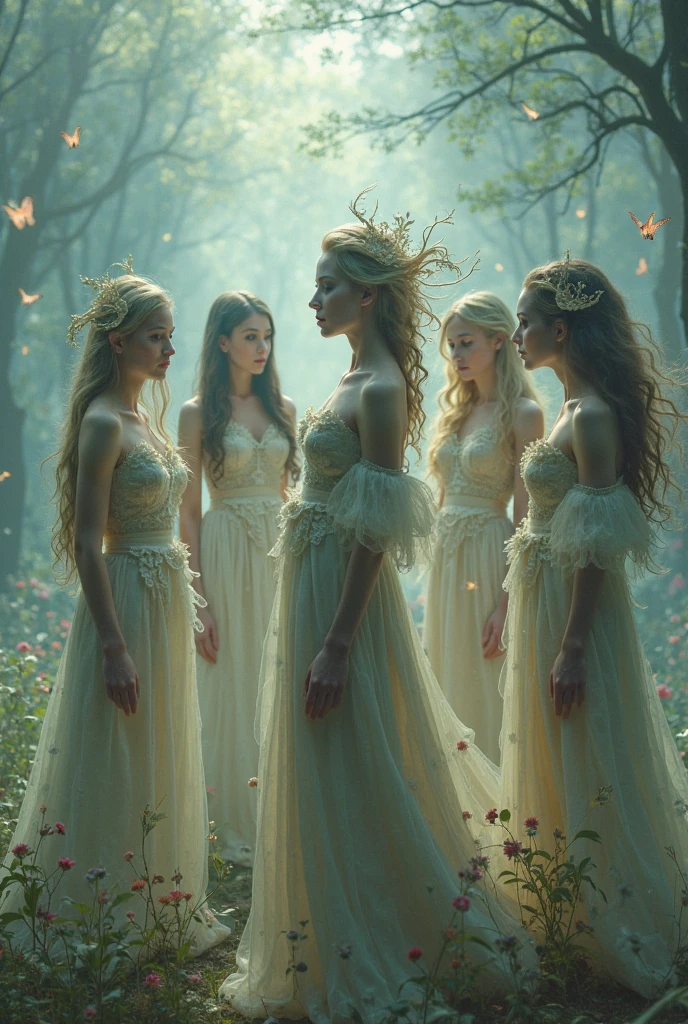 "A full-body shot of a realistic fairytale scene in a beautiful magical forrest, bathed in moonlight. "Night scene" "Beautiful blue hue colour pallette." "A fairy queen1 and 4 with realistic striking big blue eyes with eye makeup and a serious, direct gaze at the camera with golden extra long hair and perfect shaped pearly white teeth and pursed lips, dancing and swirling around." " A Fairy queen2 with golden-brown long curly hair in a thin light blue dress is dancing in the moonlight with arms up in the air." "Twirling and dancing fairy princess with a long white hair in a sheer golden wet transparent dress outfit, big breasts, thin waist, big butt, looks provocative" "Fairy princesse2 and 5 dancing and jumping splits" "The lighting is natural and bright, highlighting their features and casting a soft glow around their hair, creating a high-contrast effect that emphasizes the subject's presence. " "A white rapid is just there" "butterflies everywhere". The realistic scene includes a strikingly beautiful fairy queens and a princesse in a beautiful and magical forrest palace. "The vast environment paints a magical but ritual admosphere". # Configuration settings clip_guidance_scale = 20 # High adherence to the detailed prompt, emphasizing facial features hr_scale = 2.0 # High resolution to capture intricate details in the hair and face. hr scale =2.0 # Perfect human female body. Best hands 1:1, super realistic hair 1:1, hyper realistic eyes 1:1, extra detailed delicate moist skin, most detaled and realistic face 1:1. #A realistic stage with thorough details and clear focus on the queens.