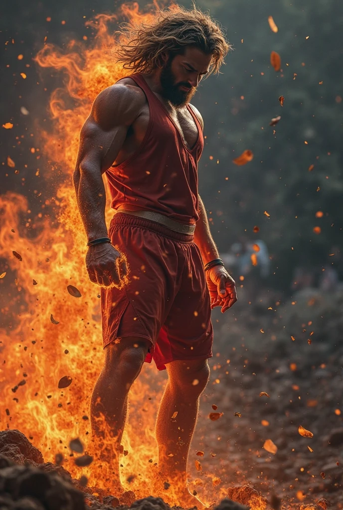 A Muscular man. Scary lion head. Playing soccer. Burning field background.