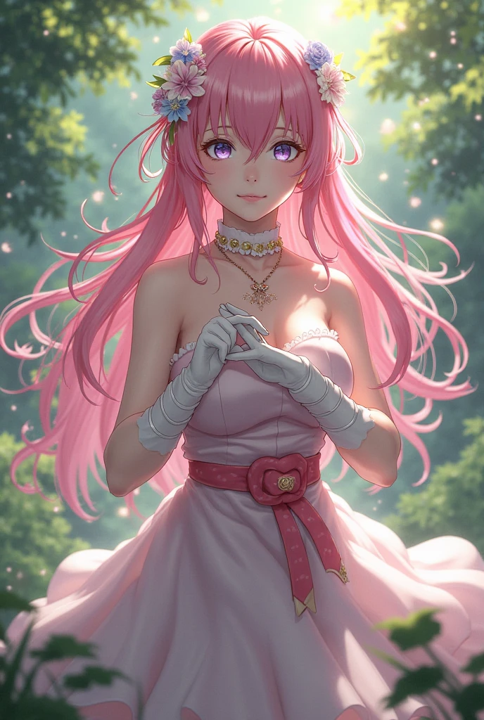 masterpiece,best quality,1girl,lacus clyne,lacus4,long hair,dress,hair ornament,pink hair,cleavage,blue eyes,off-shoulder,white dress,smile,Banquet,