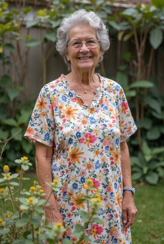 ((best quality)), ((masterpiece)), (detailed), perfect face elderly woman walking through her food plot while smiling at the camera 