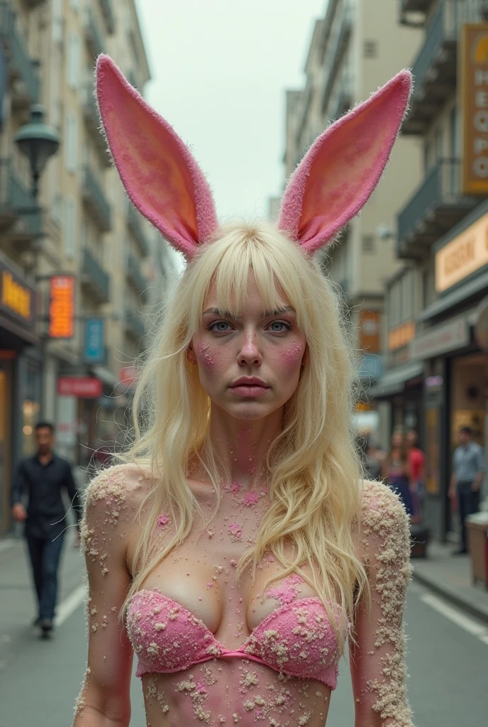 artistic moody film still of a sexy bunny woman outside in the city
