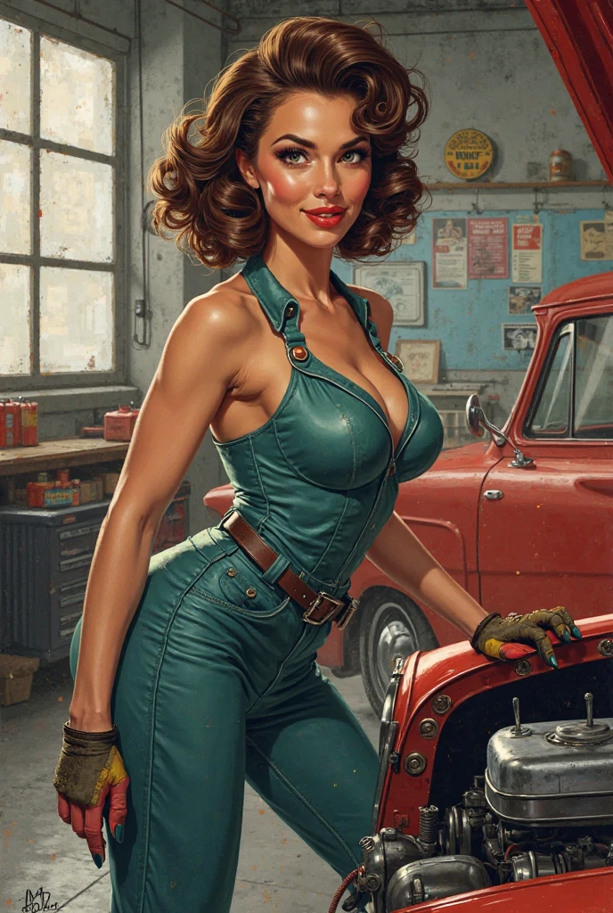 Brigid Brannagh, gorgeous mechanic, blank background, blue coverall, cleavage, no shirt, sfw
