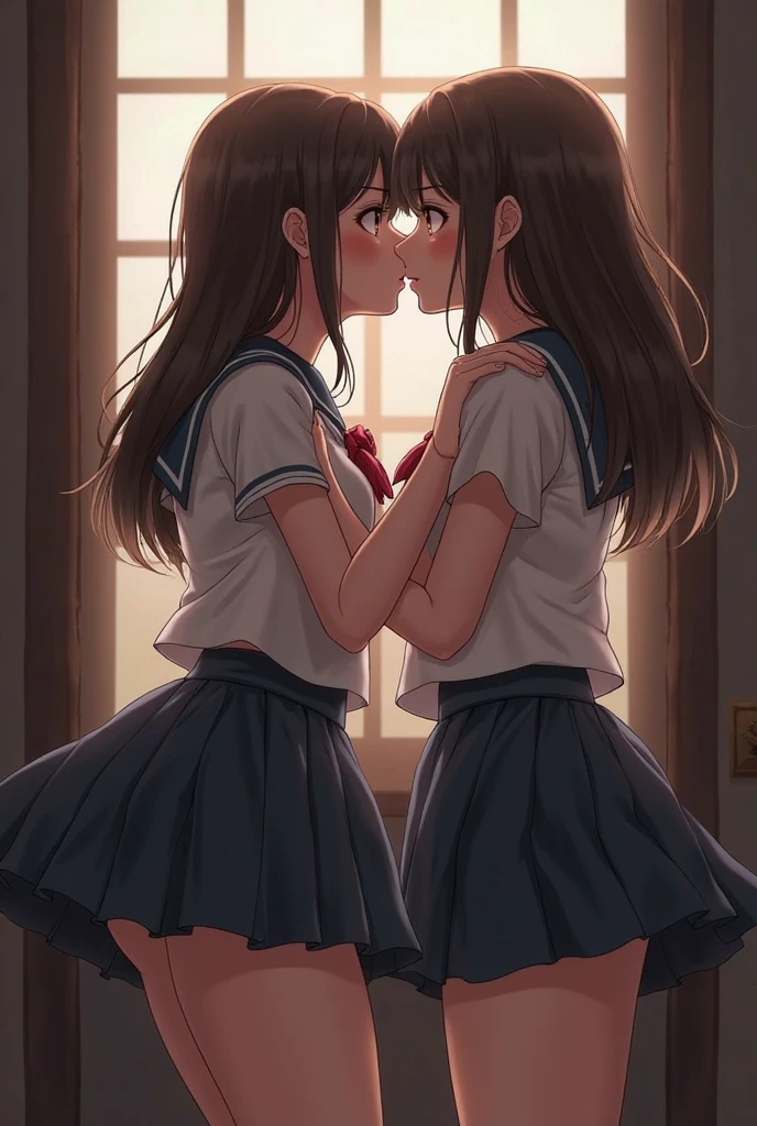 ((2 Japanese high school girl)), (((Cute 2 girl))), yuri, (school uniform), (White shirt), (Red tie), (Navy blue pleated skirt), mini skirt, Are standing, Perfect female figure, Perfect Face, Glossy pink lips, Expressive eyes, eye shadow, eyeliner, Huge natural breasts, (Tight waist), Light brown hair, short hair, (Floating Hair), Expressive hair, (Over-rimmed glasses), Long eyelashes, (Cowboy Shot), , (((kiss, kissing))), Bedroom, close eyes, Ultra-high resolution, masterpiece, Accurate, Anatomically correct, Textured skin, Super Detail, Attention to detail, high quality, Ultra-high quality,