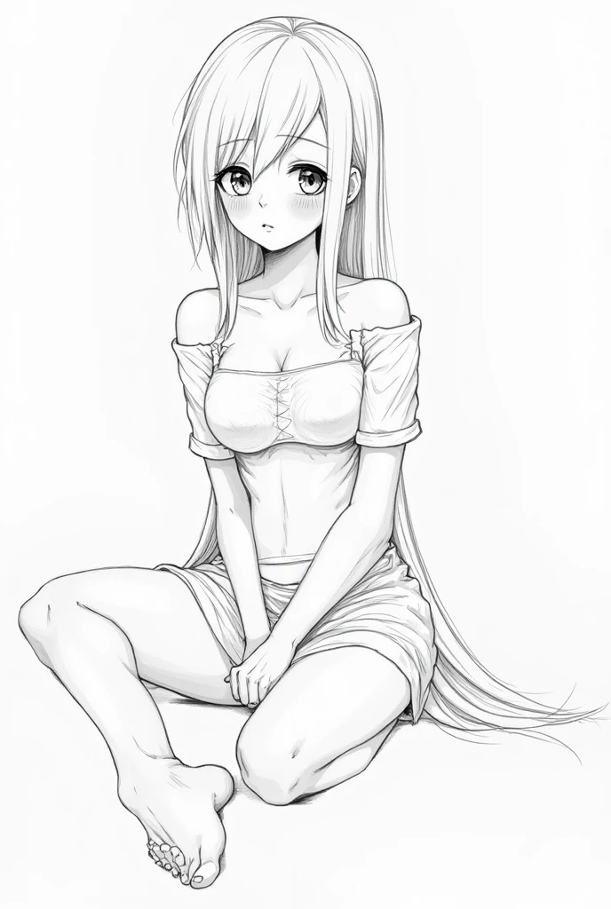Lineart image of a girl sitting in the middle of a blank background Wearing high socks long white hair, white skin, white clothes, white shoes, white background line art.No colors thick thighs thick facing forward Apply facing down prespective a hot sitting position licking her lips