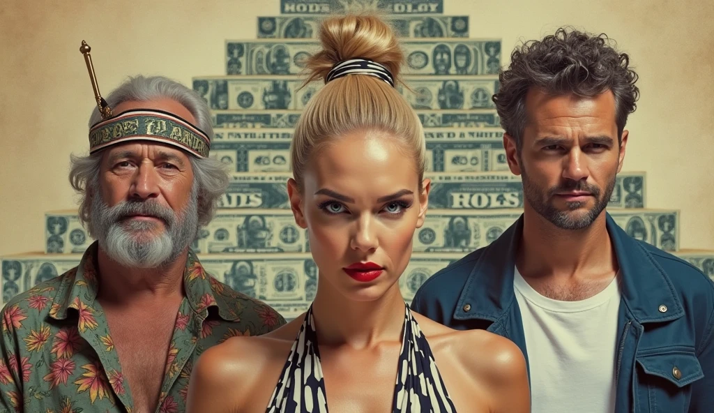 Magnificent detail, 8K Photos, hyper- realism, realistic background, visual depth, wide angle lens, all-body, full body photo {1 [Woman] beautiful blonde extremely rich in front of 5 men [criminals] with a rifle in the background of the image.} {a [Woman] is standing, [totally naked], holding [several $100 bills in front of her vagina, covering her] with the right hand.} {a [Woman] expresses seduction, seducing smile, captivating stare, Submission look.} {a Woman usa um colar de diamantes, diamond earrings. 
diamond bracelet.} {The setting is a Brazilian Favela, with an environment of poverty. Inequality suicide} {a [Woman] is facing forward, showing off her thin waist big butt.} {you [criminals] are poor,  don't wear uniforms. alguns estão de regata, others shirtless.}