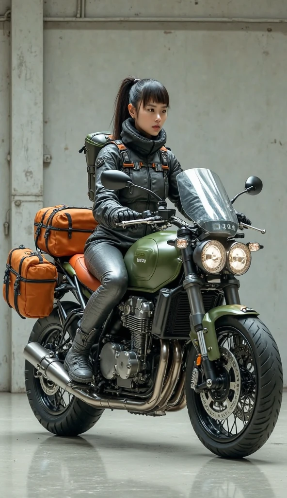 (realistic:1.5), 8k, Super delicate beauty, (a sunny day:1.5), intricate bicycle details (highest quality: 1.0), (Super high sharpness: 1.0),(Beautiful and delicate depiction of eyes),(((Beautiful woman riding motorcycle))),unreal engine:1.4,photorealistic:1.4, skin texture:1.4, masterpiece:1.8, smile、long legs、((full body shot))、((camouflage jacket))、((30 year old beauty))、(short hair)