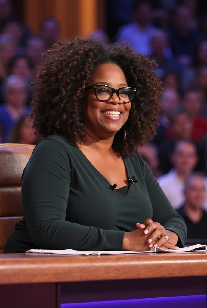 masterpiece, best quality, <lora:oprahwinfrey:1> oprahwinfrey, a woman with glasses, sitting on a talk show, muslim dress