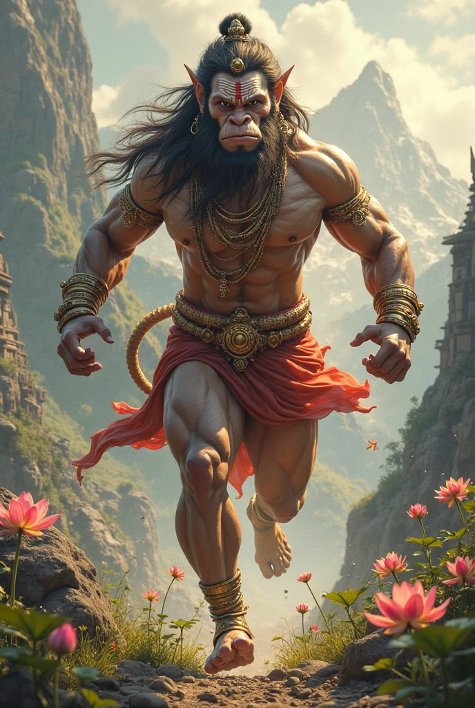 Bhagavan hanuman , human fit body, human and vanar face,vanar tail, flying sky, hanuman one hand on mountain with power
