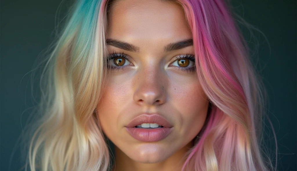 Beautiful girl , perfect lighting, highly sharpen details,big breasts, freckles, textured skin,birthmarks, Perfect fingers , perfect hands , (big lips)purple and cyan highlights ,neon background ,neon background , freckles,birthmarks, colourful highlights ,highly saturated pic