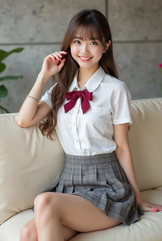 (8K、Raw photography、top-quality、masterpiece:1.2、realisitic、Photorealsitic、highcontrast、photon maping、photon maping、Photorealsitic、ultra-detailliert、profetional lighting、low angles:1.2)、(1 girl in)、(a beauty girl、独奏:1.5)、(full body Esbian)、(Height is 165 cm)、(18-year-old schoolgirl)、(Shinjuku in Japan)、(Bedroom with building view from window)、(japanese hight school uniform、Take off your jacket)、(Sitting on the bed、Look at the front and open your crotch: 1.5)、Black Choker, (short plaid skirt:1.5)、(Fluttering chest: 1.6)、(Skirt flipping、MCharacter opening leg、100 degree leg opening、crotch open:1.4)、(Exposed pink bra、Exposed pink panties: 1.7)、(Light brown medium hair)、(cammel toe)、(beauitful face:1.7)、(perfectly proportions:1.2)、(Long feet:1.2)、(Panties can be seen from under the skirt:1.5)、(Perfectly shaped fingers、beautifull hands: 1.7)、(Textured skin)、(soft smiling: 1.3)