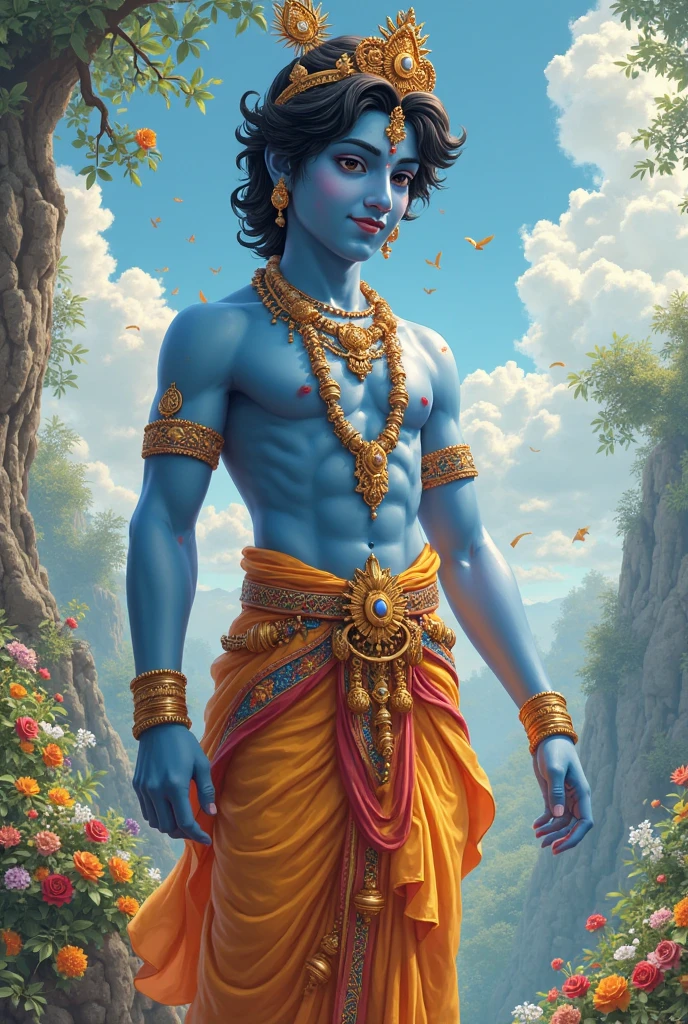 Lord Krishna is often depicted as a divine prince or a spiritual guide. He is usually shown with a dark blue or blue-gray skin tone, representing his divine nature. He has a serene and peaceful expression on his face, with a slight smile playing on his lips.
He is often dressed in traditional Indian attire, consisting of a dhoti (a long cloth wrapped around his waist and legs) and a kurta (a long tunic). His clothes are typically yellow or orange in color, symbolizing his divine love and spiritual growth.
In his hands, Krishna often holds a flute (called a "bansuri") and a "sudarshan chakra" (a divine discus). The flute represents his love for music, joy, and the call to spiritual awakening. The sudarshan chakra symbolizes his power and protection.
In the background, you might see a scenic landscape of the Vrindavan gardens or the Yamuna River, where Krishna spent his childhood and youth. Sometimes, his beloved cow, Kamadhenu, or his friends, the gopis, are also depicted in the image.
Krishna's image exudes a sense of calmness, spiritual growth, and divine love. His eyes seem to invite you to surrender to his teachings and embrace his message of love and selfless service.