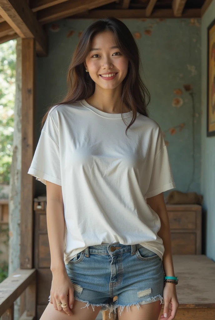 Asian girl, chubby, wide forehead, realistic photo, low light, standing still, smiling, shirt with a deep trench, visible cracks, shorts, at home