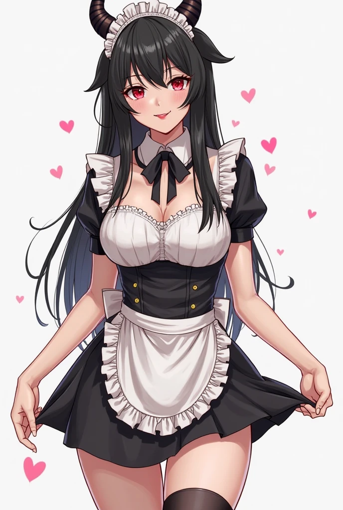 best quality, masterpiece, highres, solo, {maid:1.40}, {long maid dress:1.15}, {tsurugi_bluearchive:1.15}, bangs, black_hair, long_hair, red_eyes, halo, blush, breasts, blunt_bangs, wings, large_breasts, very_long_hair, cleavage, collarbone, smile, hair_ornament, hair_flower
