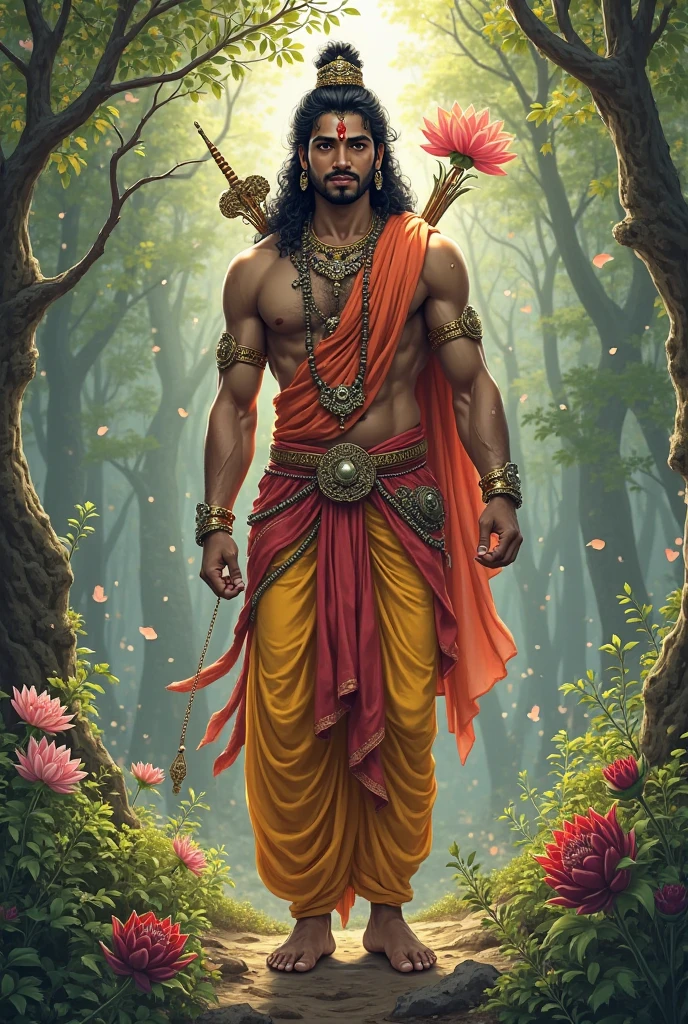 Lord Krishna with muscular body in a garden and flute in the hand
