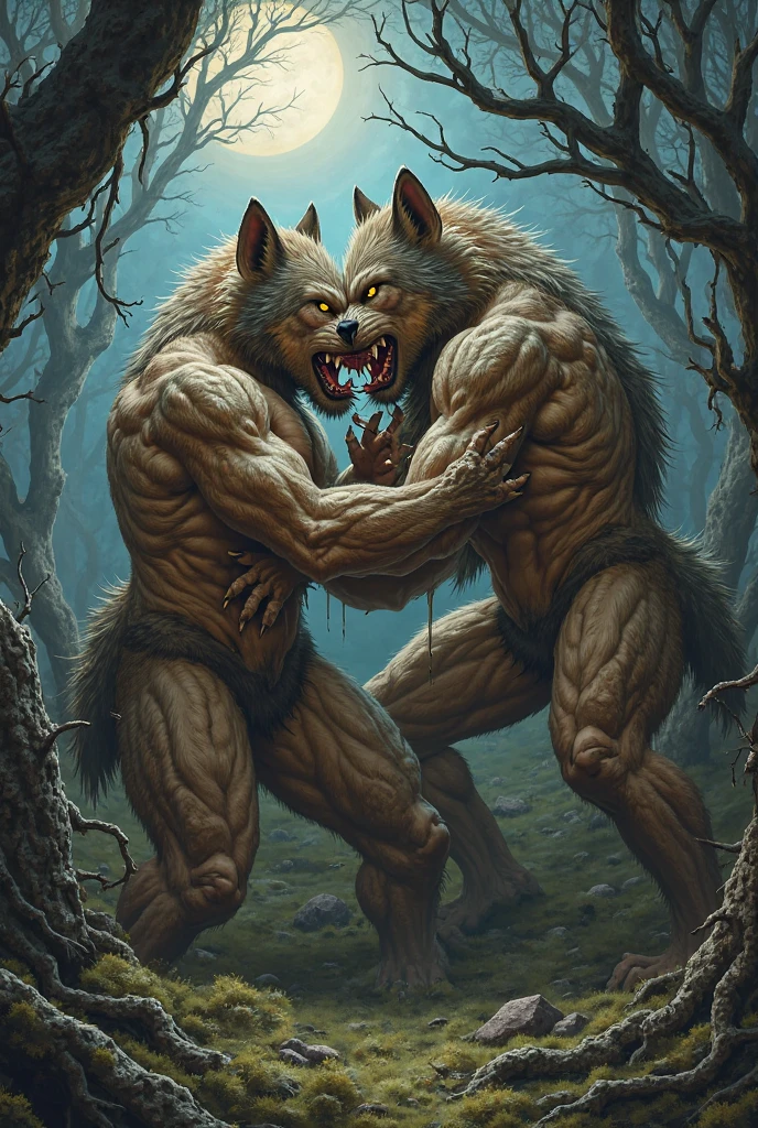 NSFW, male, digitigrade, (wolf), wolf tail, muscular, big cock, big balls, precum, big arms, big feet, paw pads, on all fours, claws tearing at the ground, showing off teeth, (human), moonlit forest, 