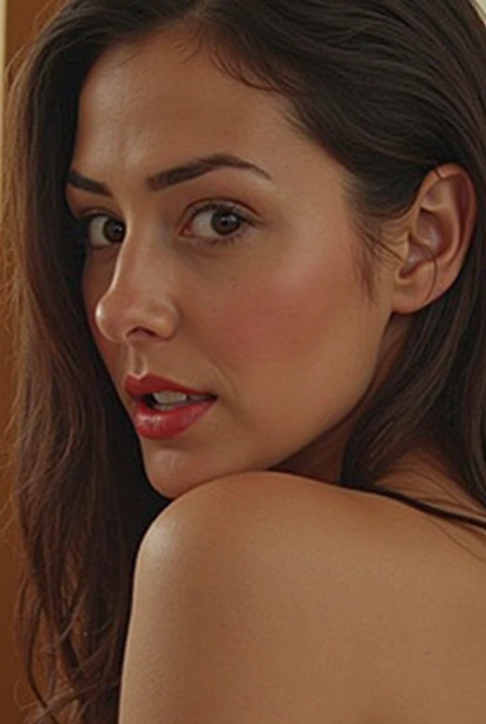 a very coy and shy hayase misa, realistic style, single_panel, 1woman, solo, elegant woman, topless Big Boobed Woman, (pale skin), red lipstick, brown hair, photo realism, sharp focus photograph, detailed hairstyle, green eyes, ((Skindentation)), glistening, glistening body, huge breasts naked well_proportioned_figure, hourglass_figure, nude, happy, (very red blushing:1.4), exposed body, naked . big perfect nipples, shiny skin, ((chest and head in image:1.4)), (happy, horny:1.4), Misa Hayase, Anime, Macross, beautiful, green eyes, small mouth, Long brown hair, elegant, long face, light skin, small nose, (sharp focus:1.5), sweating, ((face and breasts in photograph:1.4)), lovely smile, happy smile, affectionate, teeth visible (full torso side image:1.5), (side view:1.5), head turned towards the viewer, (magnificent enormous breasts:1.4), (gigantic fake breasts:1.4)