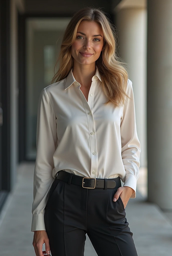 ((best qualhty, 8k, 32k, masterpiece, high resolution, UHD)), 1 milf, classy seductive, plump:0.2, musclar:0.4, wearing shirt, fitting chino pant,