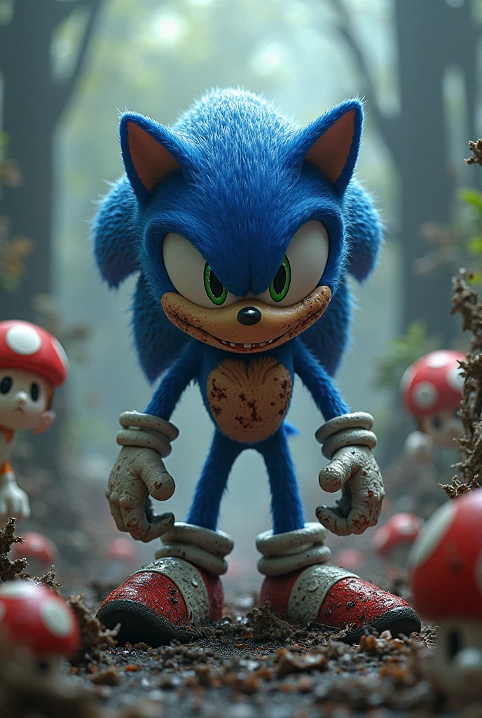 Sonic with a face covered in blood and sharp pointed teeth giving a macabre smile with several children around