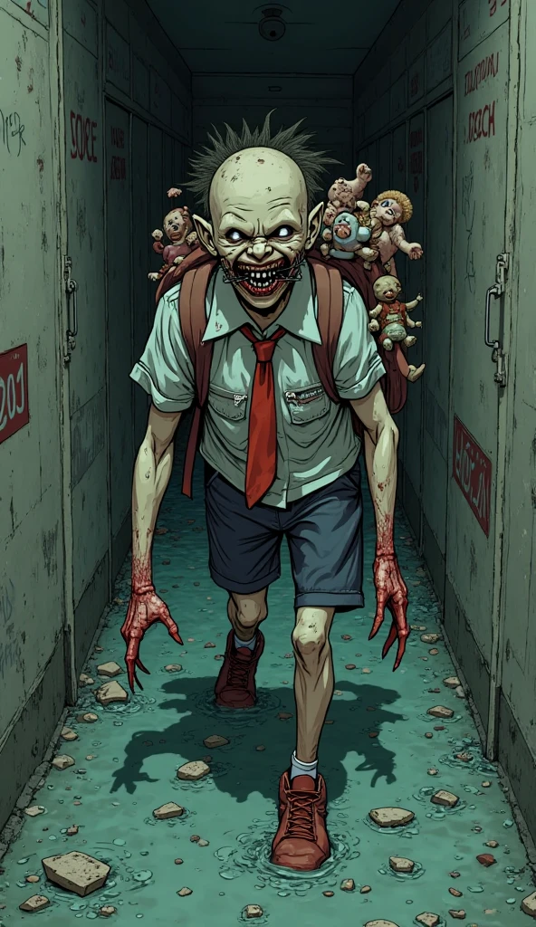 Normal school boy with three zombies chasing him and running for their lives